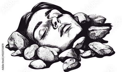Surreal human face with stones in mindful arrangement, artistic vector, linear icons set.