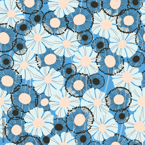 Seamless floral pattern based on traditional folk art ornaments. Colorful flowers on color background. Scandinavian style. Sweden nordic style. Vector illustration. Simple minimalistic pattern.