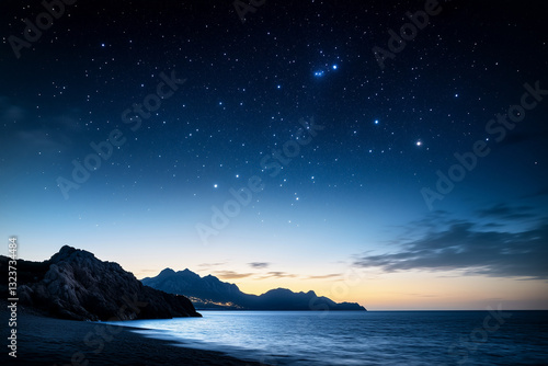 Starry Night Over Serene Ocean and Mountain Landscape.