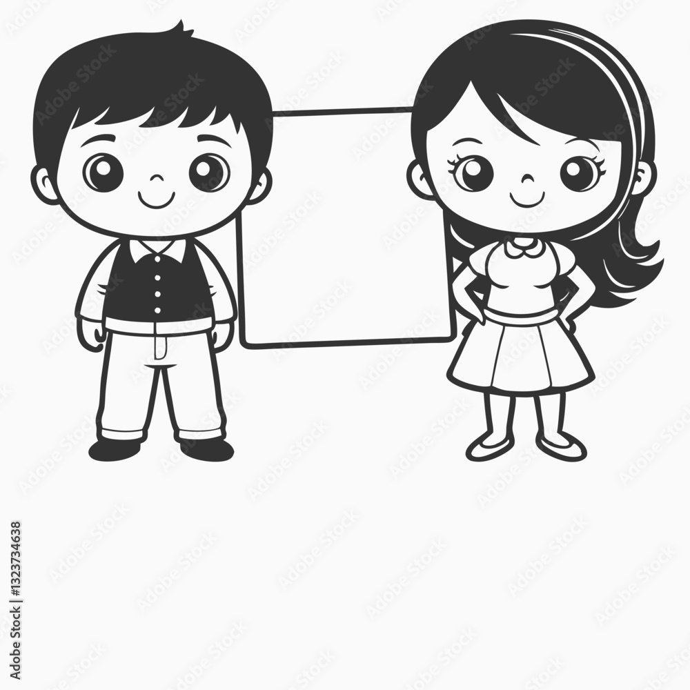 Lovers couple holding read heart together Happy valentine cartoon character. Boys and girls with empty signs illustration Lovers couple holding read heart together Happy valentine cartoon character. Boys and girls with empty signs illustration