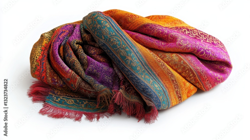 Fototapeta premium A kaleidoscope of vibrant hues, the traditional shawl, with its flowing fabric and intricate designs, was gracefully draped against a stark white backdrop, highlighting the beauty and artistry woven