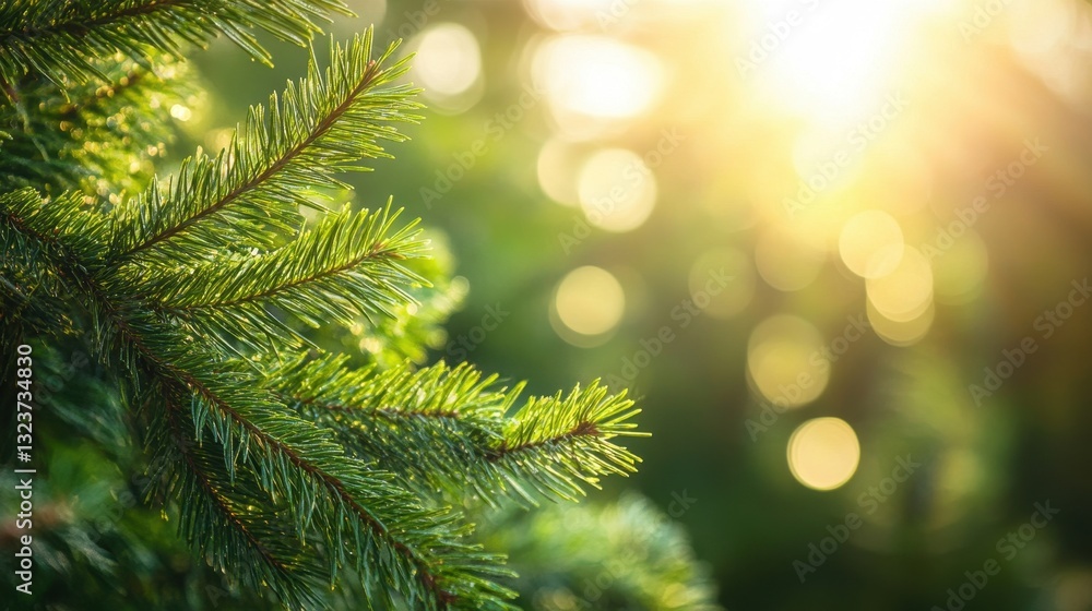 Sunlit Evergreen Boughs A Close-Up of Fir Tree Branches with Golden Bokeh. Sunlit Evergreen Boughs A Close-Up of Fir Tree Branches with Golden Bokeh.