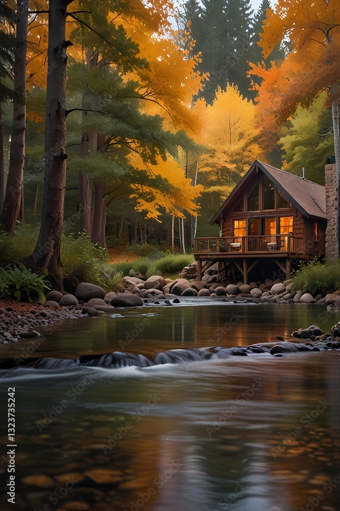 Fototapeta premium Autumn Forest with Flowing Stream and Waterfall
