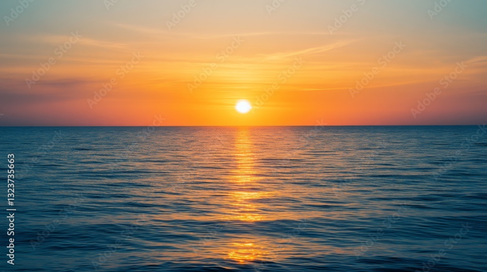 Obraz premium A mesmerizing sunset over the vast ocean, with golden hues reflecting on the water and a gentle gradient of colors fading into the horizon.