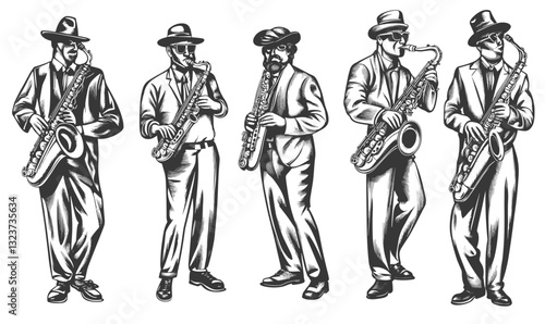 Jazz musicians playing saxophone in suits, retro black and white vector, linear icons set.