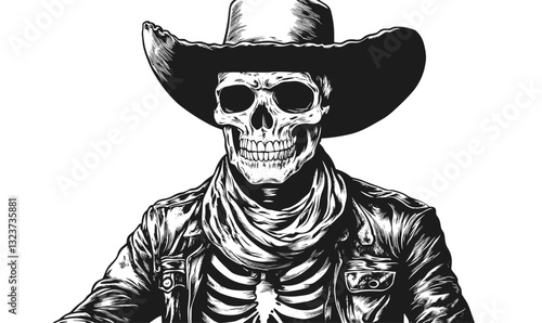 Skeleton cowboy in western attire with hat and bandana, black and white - linear icons set, vector.