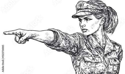 Military female officer pointing in command - linear art style icon set.