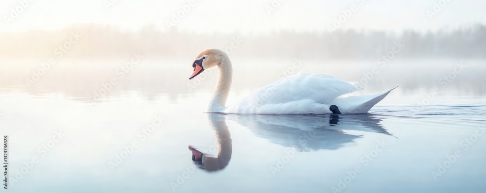 Fototapeta premium A graceful white swan floats peacefully on a calm water surface