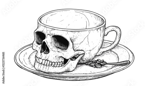 Skull in teacup on saucer with spoon, flat icons set, vector.