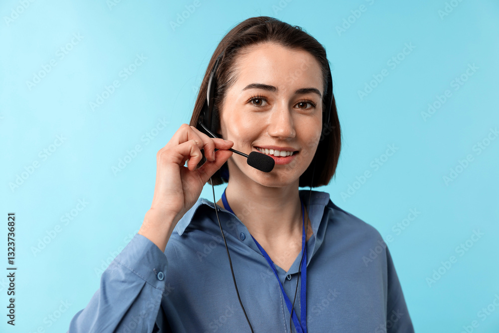 Technical support call center. Portrait of smiling operator on light blue background Technical support call center. Portrait of smiling operator on light blue background
