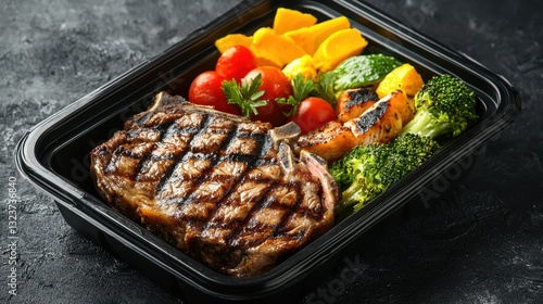 Healthy catering menu, courier food delivery lunch boxes. Beef steak meat, chicken filet , fish and vegetables in packages. Daily meal diet plan delivery , take away containers, online order concept 