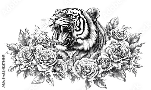 Wallpaper Mural Roaring tiger surrounded by roses - linear art icons set - vector. Torontodigital.ca