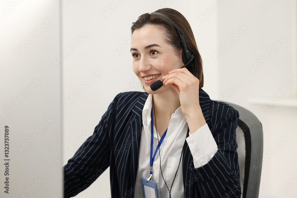 Technical support call center. Portrait of smiling operator in office Technical support call center. Portrait of smiling operator in office