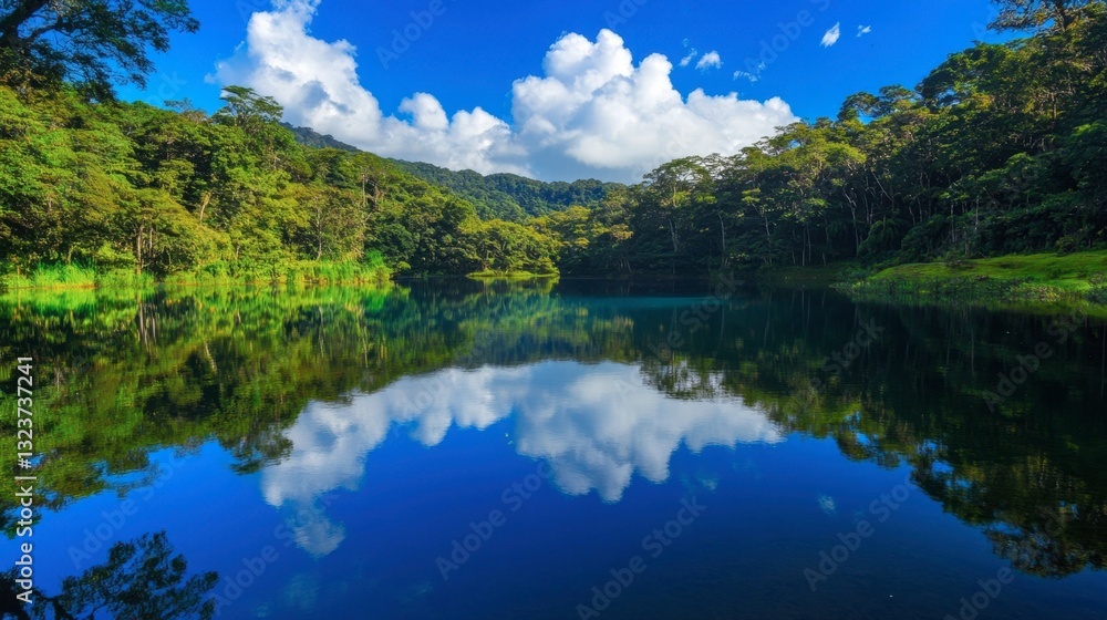 A view of a tranquil lake with lush green forests surrounding it, and a clear blue sky reflecting in the water.