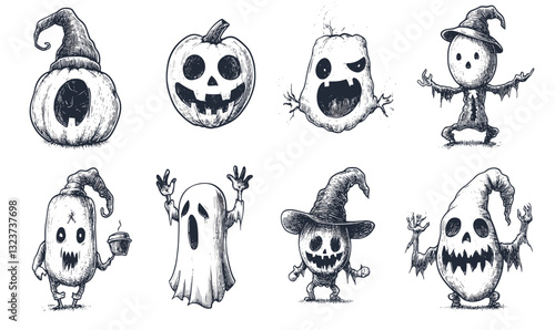 Spooky halloween character icons set with pumpkins and ghosts, vector, flat style.