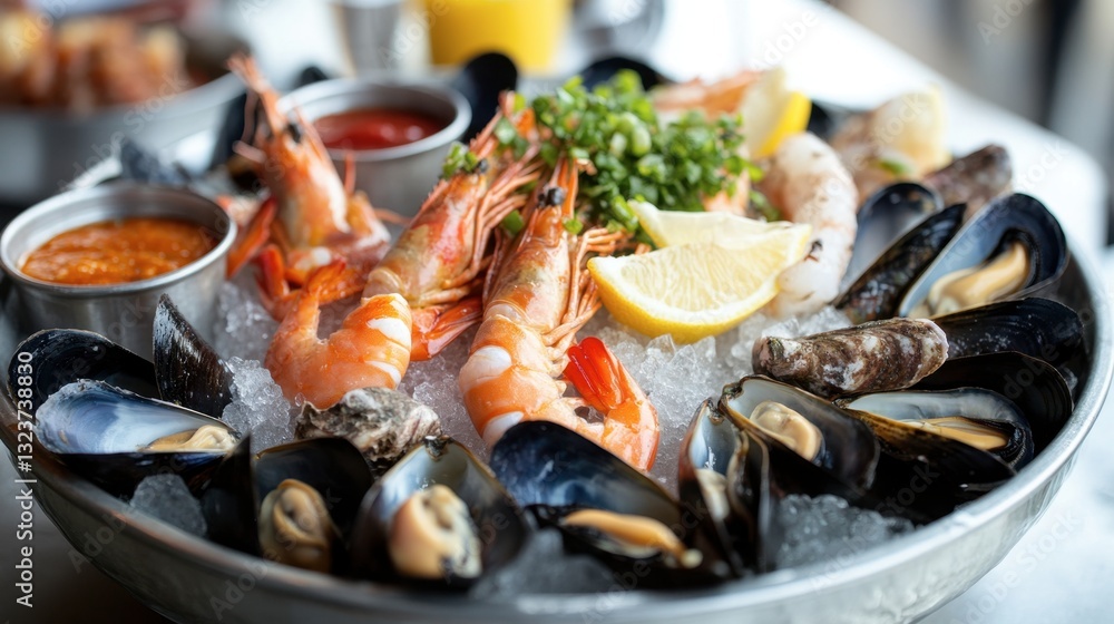 Close-up of a seafood platter with steamed prawns, mussels, and oysters, served on ice with dipping sauces and lemon wedges. Close-up of a seafood platter with steamed prawns, mussels, and oysters, served on ice with dipping sauces and lemon wedges.
