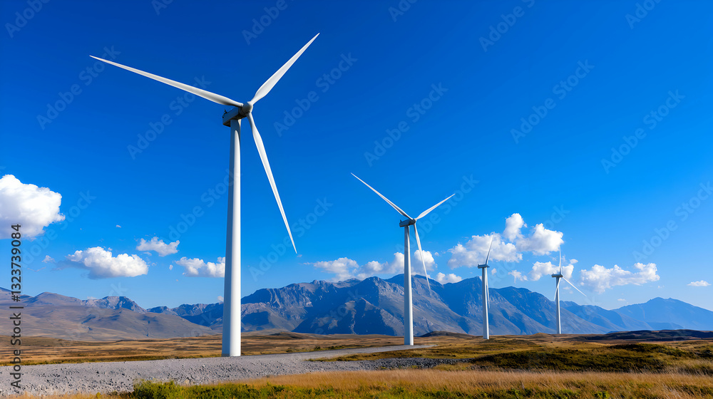 Wind Turbines in Mountain Landscape Under a Blue Sky Wind Turbines in Mountain Landscape Under a Blue Sky