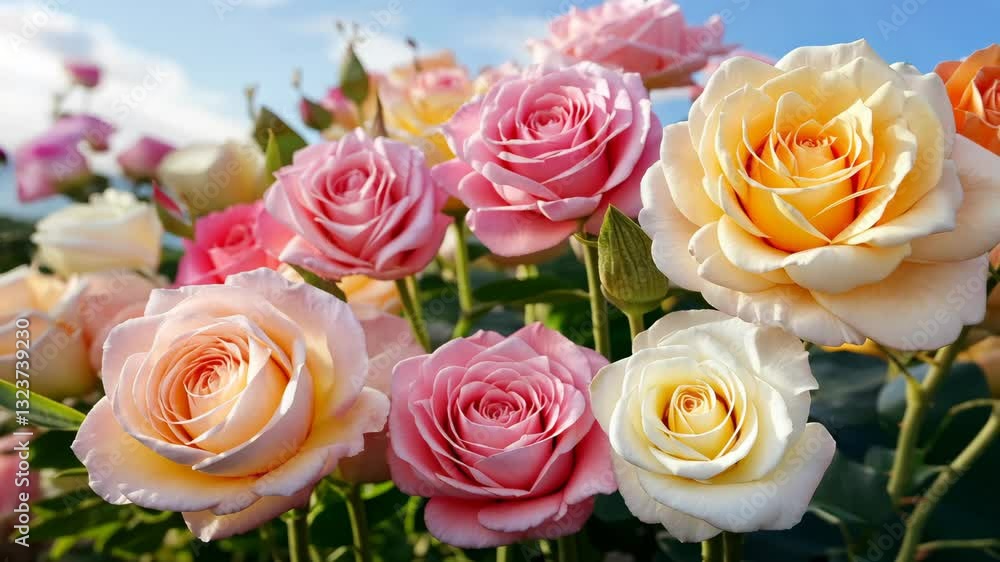 Beautiful Arrangement of Colorful Roses in a Garden Setting Beautiful Arrangement of Colorful Roses in a Garden Setting