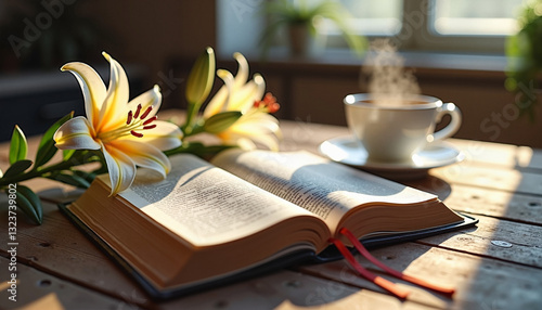  an open Bible with a bookmark resting on a rustic wooden table, surrounded by fresh lilies and a steaming cup of tea