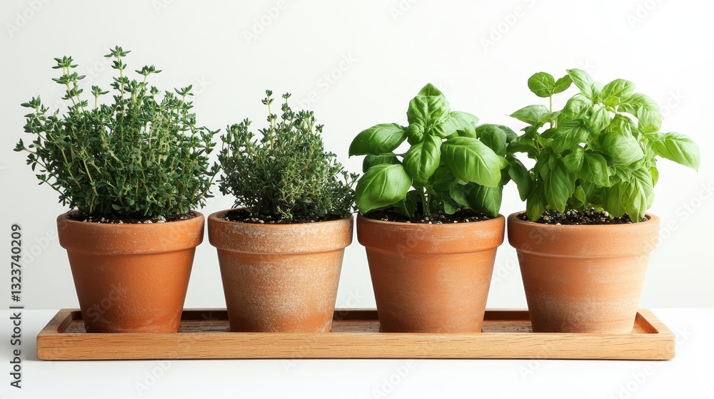 A vibrant herb garden, where four terracotta pots, adorned with wooden trays, held basil, thyme, oregano, and mint, stood against a crisp, white backdrop, exuding a sense of tranquility and natural A vibrant herb garden, where four terracotta pots, adorned with wooden trays, held basil, thyme, oregano, and mint, stood against a crisp, white backdrop, exuding a sense of tranquility and natural