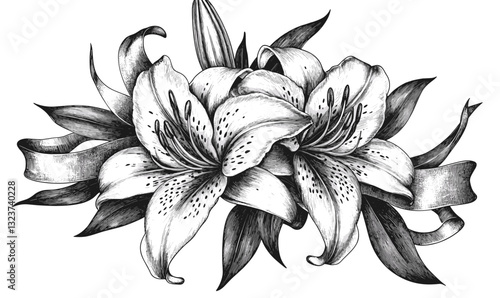 Elegant lily flower with leaves in monochrome, detailed flat floral icons set, vector.