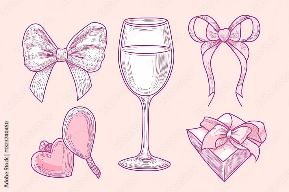 Set of line art wedding icon isolated. Whimsical coquette trendy hand drawn valentine doodle sketch. Vintage amore angel quirky bow, party menu, dinner card. Vector outline illustration Set of line art wedding icon isolated. Whimsical coquette trendy hand drawn valentine doodle sketch. Vintage amore angel quirky bow, party menu, dinner card. Vector outline illustration