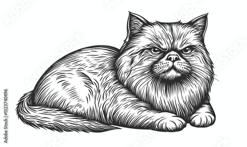 Persian cat lying down in black and white - linear flat vector icons set.