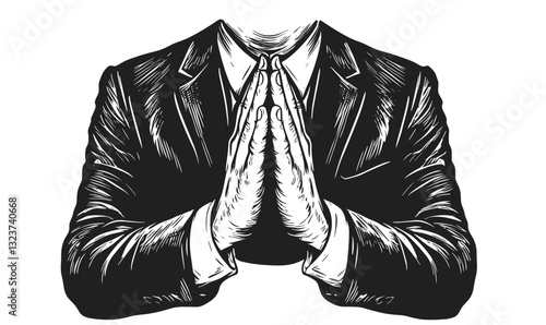 Business professional praying hands in suit vector, linear icons set.