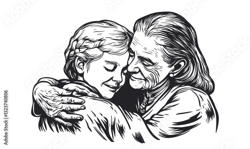 Grandmother and granddaughter hugging, love and family, vector, linear icons set.