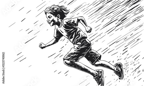 Dynamic running boy illustration in motion, black and white vector, linear icons set.