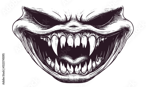 Creepy smile monster face with sharp teeth, black and white linear icons set vector.