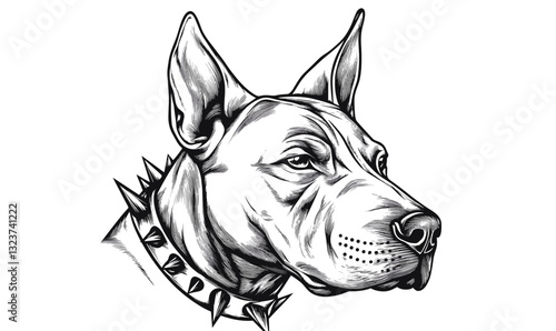 Fierce dog portrait in spiked collar - flat vector icon set.