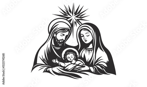 Holy family nativity scene with star in black and white - flat icons set, vector.