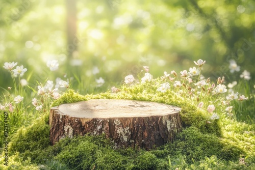 Wallpaper Mural Rustic Tree Stump Podium Surrounded by Soft Moss and Blooming Flowers in a Serene Natural Setting Torontodigital.ca