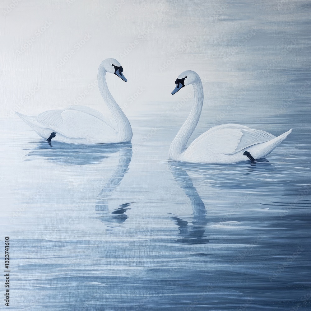 Fototapeta premium Two swans swimming in a calm lake, forming a heart shape with their necks, symbolizing love and serenity in nature. Generative AI.
