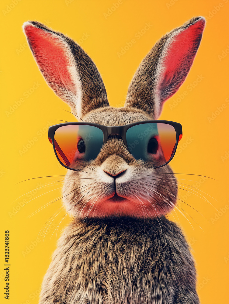 Fototapeta premium Cool bunny with sunglasses on a bright yellow background