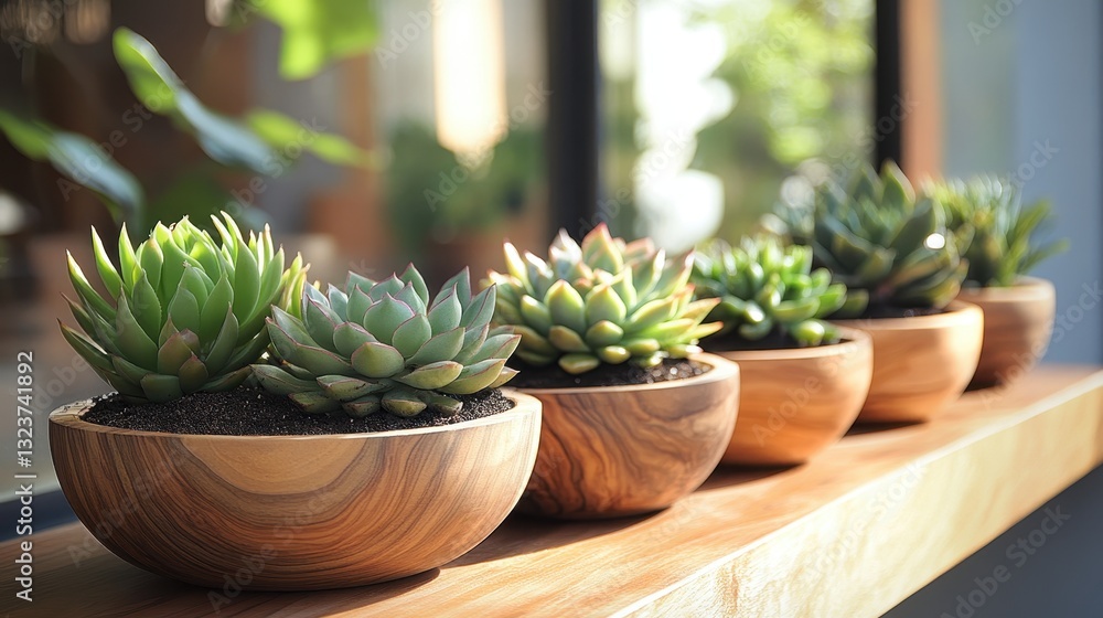 A vibrant display of succulent plants, each nestled in unique wooden bowls, showcased a modern, minimalist aesthetic within a bright and airy indoor setting. Sunlight streamed through a large window, A vibrant display of succulent plants, each nestled in unique wooden bowls, showcased a modern, minimalist aesthetic within a bright and airy indoor setting. Sunlight streamed through a large window,