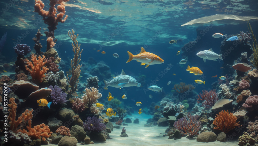 Naklejka premium A computer-generated fish swims in front of a reef. The image is submitted to Adobe Stock as fictional.