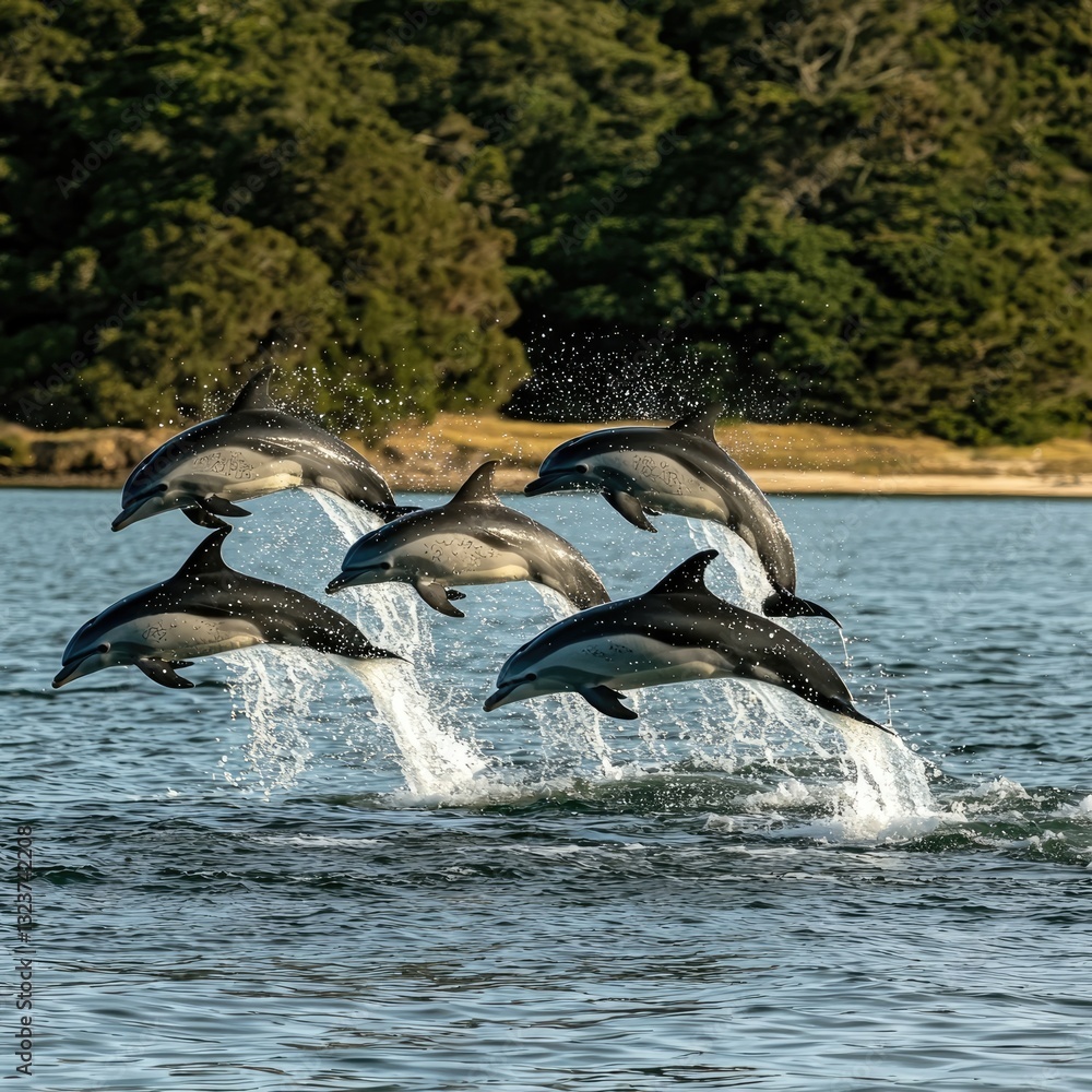 Obraz premium A group of dolphins leaping out of the ocean, showcasing their playful nature and the beauty of marine wildlife. Generative AI.