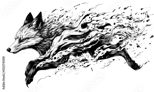 Dynamic fox in motion with fluid elements, linear style icons set, vector.