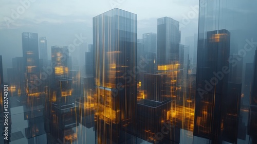 Futuristic Cityscape with Glowing Lines and Glass Towers under a Hazy Sky