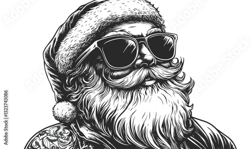 Cool santa wearing sunglasses with tattoo, christmas character, black and white, linear icons set, vector.