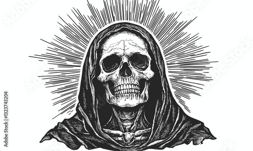 Grim reaper skeleton with hood, detailed vector illustration, linear style icons set.