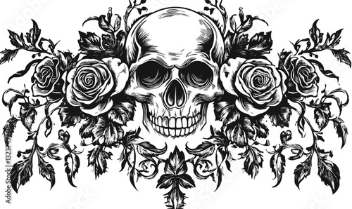 Skull with roses and leaves: gothic skull and floral motif vector, linear icons set.