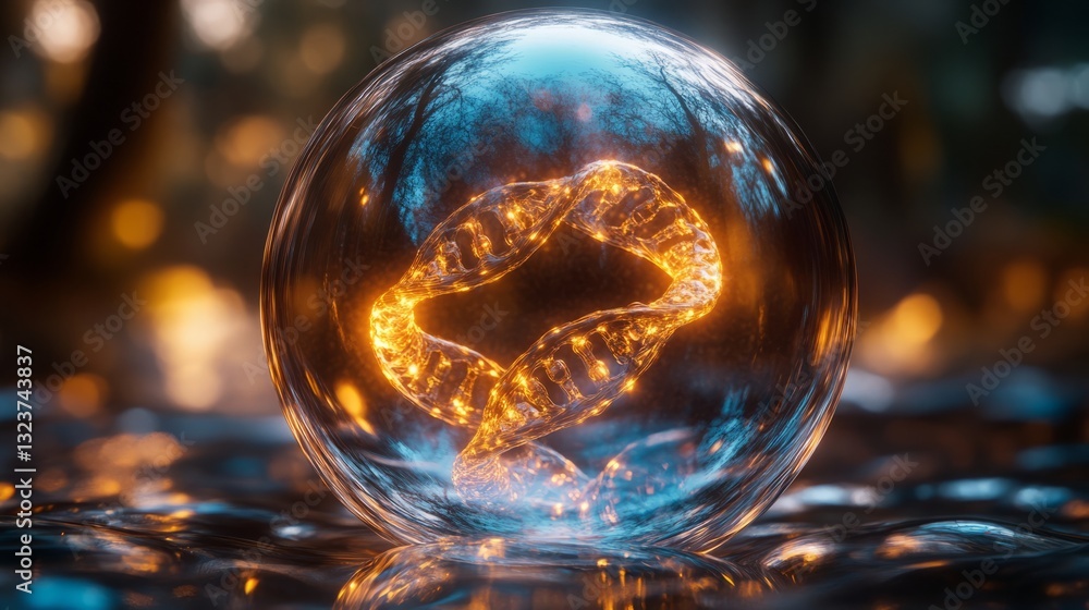 custom made wallpaper toronto digitalA shiny liquid bubble with visible molecular elements, placed against a glowing DNA helix in a scientific aesthetic 
