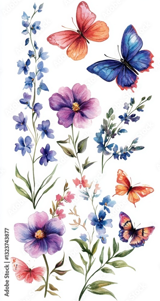 Obraz premium Vibrant Watercolor Flowers and Butterflies