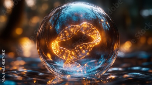 Wallpaper Mural A shiny liquid bubble with visible molecular elements, placed against a glowing DNA helix in a scientific aesthetic  Torontodigital.ca