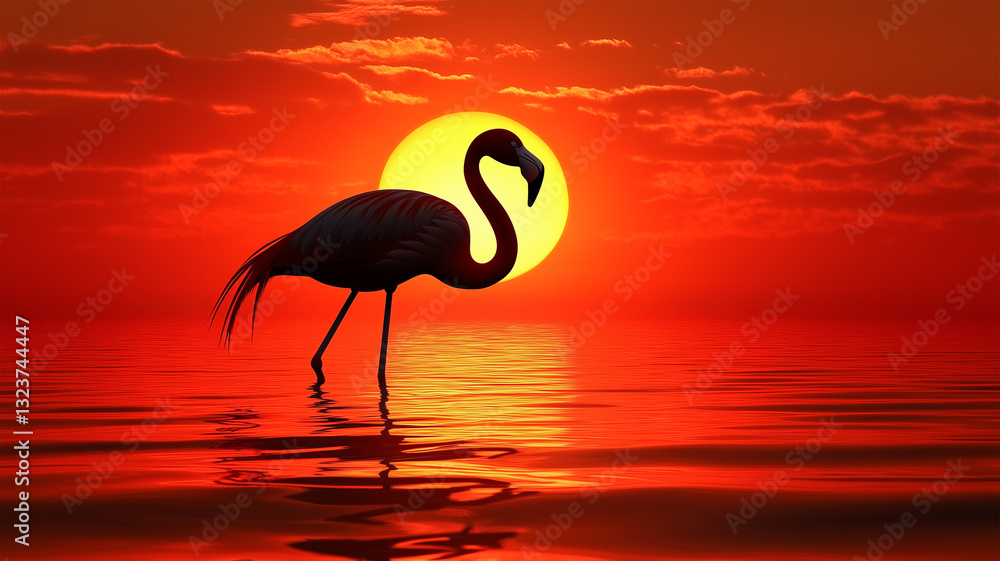Naklejka premium 日本の夕陽を背に佇むフラミンゴの幻想的なシルエット