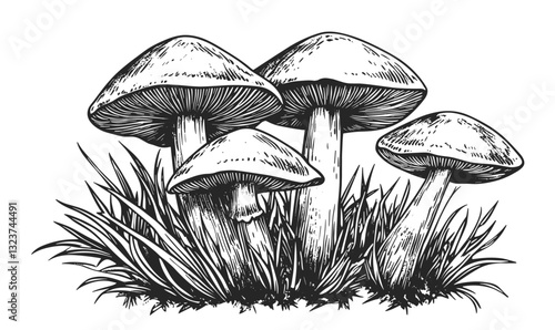 Detailed mushroom and grass illustration, monochrome linear icons set vector.