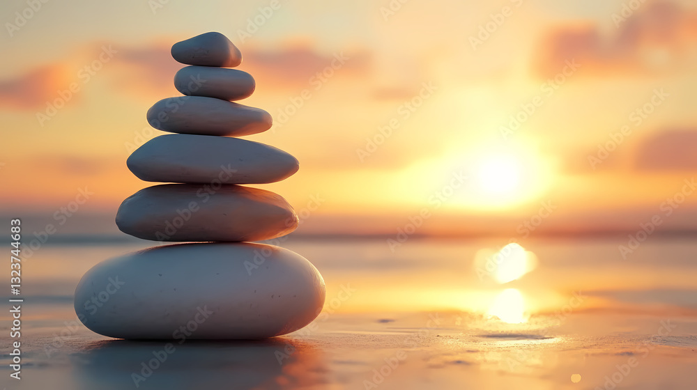 White stone pyramid on beach at sunset